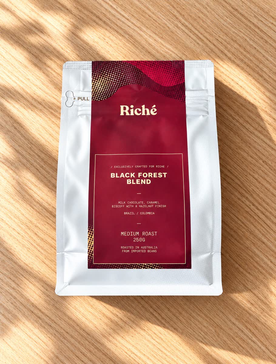 Bag of Riché Black Forest coffee blend, exclusively crafted for Riché